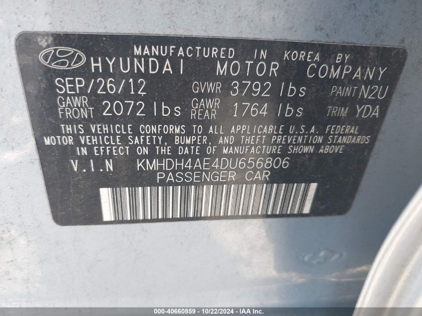 2013 Hyundai Elantra Gls VIN: KMHDH4AE4DU656806 Lot: 40660859