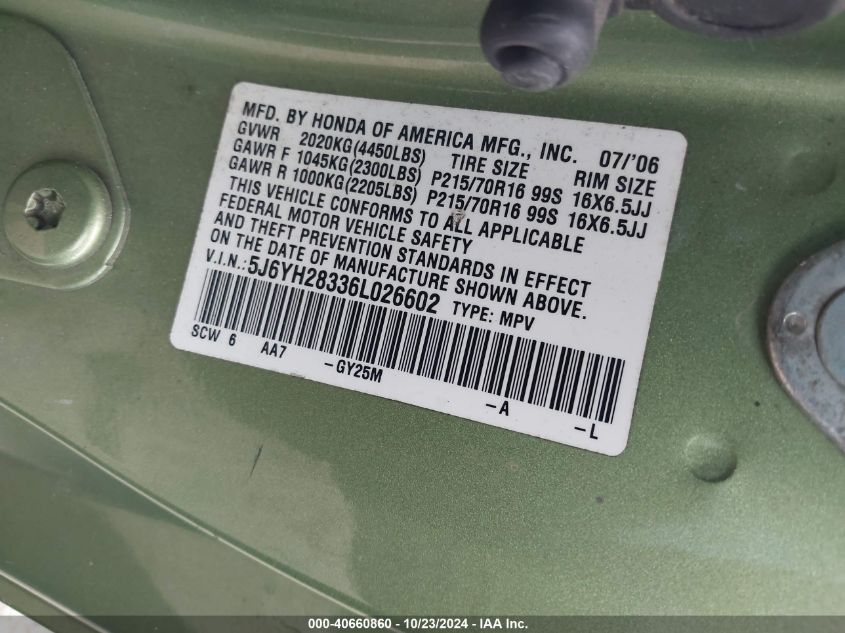 2006 Honda Element Lx VIN: 5J6YH28336L026602 Lot: 40660860