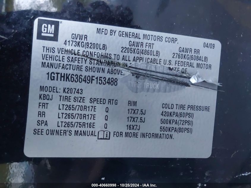 2009 GMC Sierra 2500Hd Slt VIN: 1GTHK63649F153488 Lot: 40660998