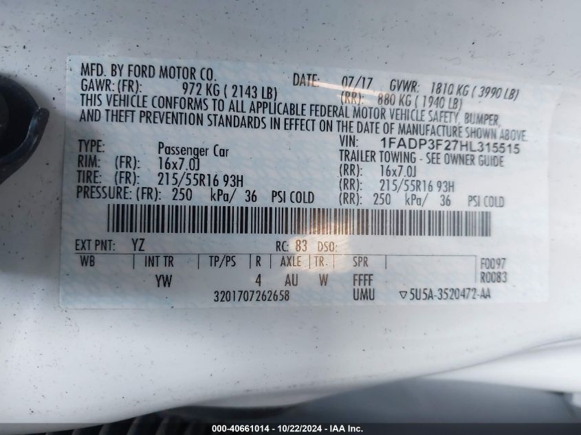 VIN 1FADP3F27HL315515 2017 FORD FOCUS no.9