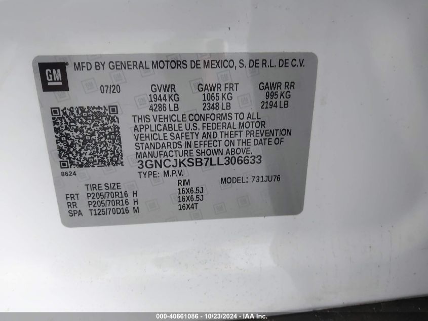 2020 Chevrolet Trax Fwd Ls VIN: 3GNCJKSB7LL306633 Lot: 40661086