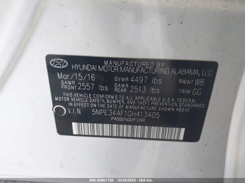 2016 Hyundai Sonata Limited VIN: 5NPE34AF1GH413405 Lot: 40661188