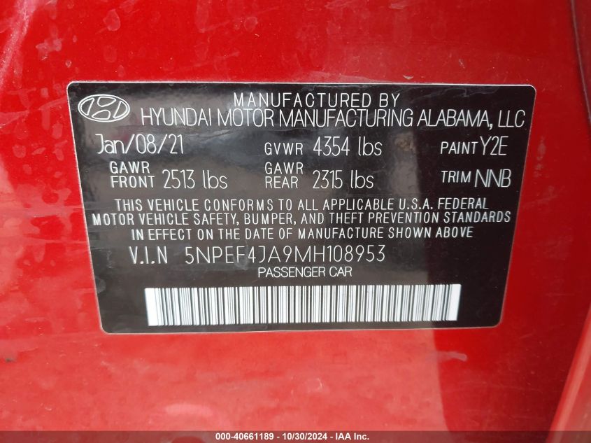 2021 Hyundai Sonata Sel VIN: 5NPEF4JA9MH108953 Lot: 40661189