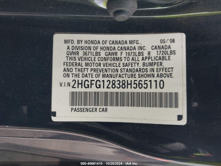 2008 Honda Civic Ex VIN: 2HGFG12838H565110 Lot: 40661410
