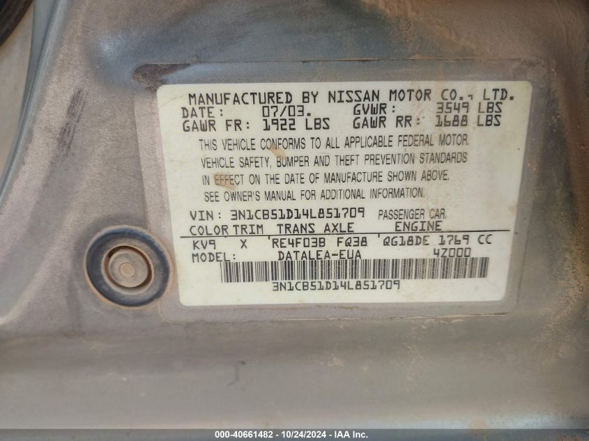 2004 Nissan Sentra S VIN: 3N1CB51D14L851709 Lot: 40661482