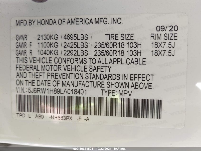 2020 Honda Cr-V 2Wd Ex-L VIN: 5J6RW1H89LA018401 Lot: 40661521