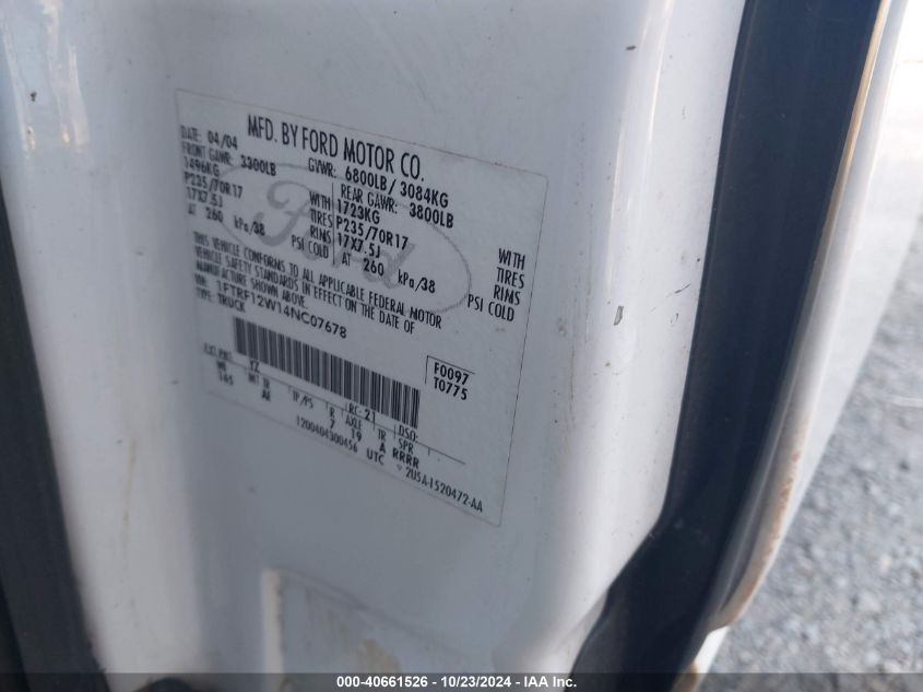 2004 Ford F-150 Stx/Xl/Xlt VIN: 1FTRF12W14NC07678 Lot: 40661526