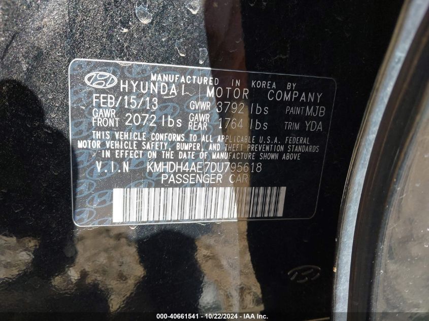 2013 Hyundai Elantra Gls VIN: KMHDH4AE7DU795618 Lot: 42195439