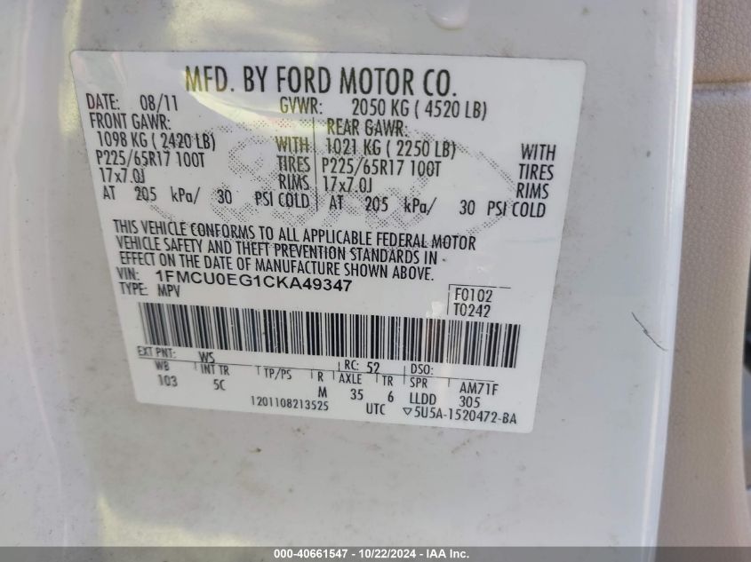 2012 Ford Escape Limited VIN: 1FMCU0EG1CKA49347 Lot: 40661547