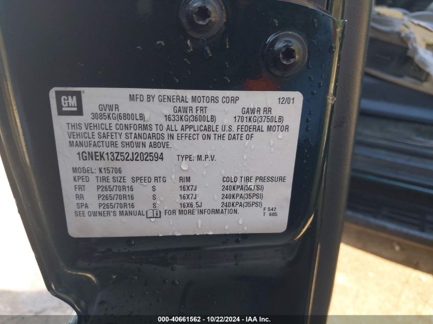 2002 Chevrolet Tahoe Lt VIN: 1GNEK13Z52J202594 Lot: 41220625