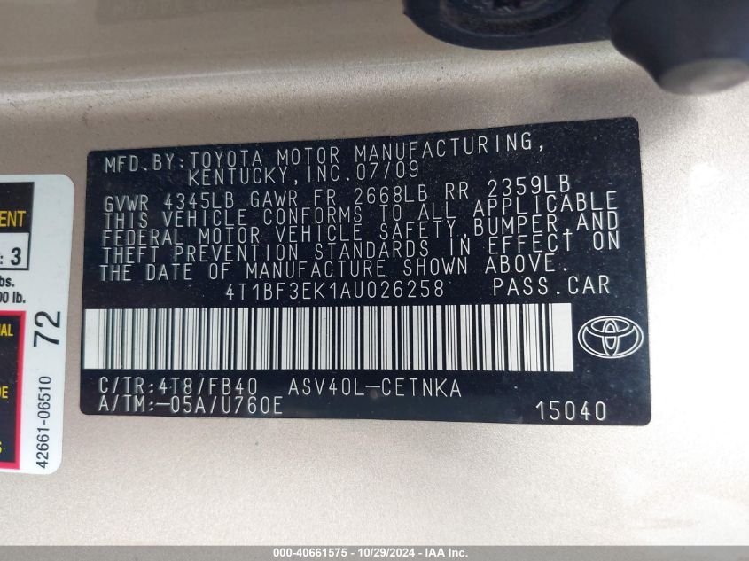 2010 Toyota Camry Le VIN: 4T1BF3EK1AU026258 Lot: 40661575