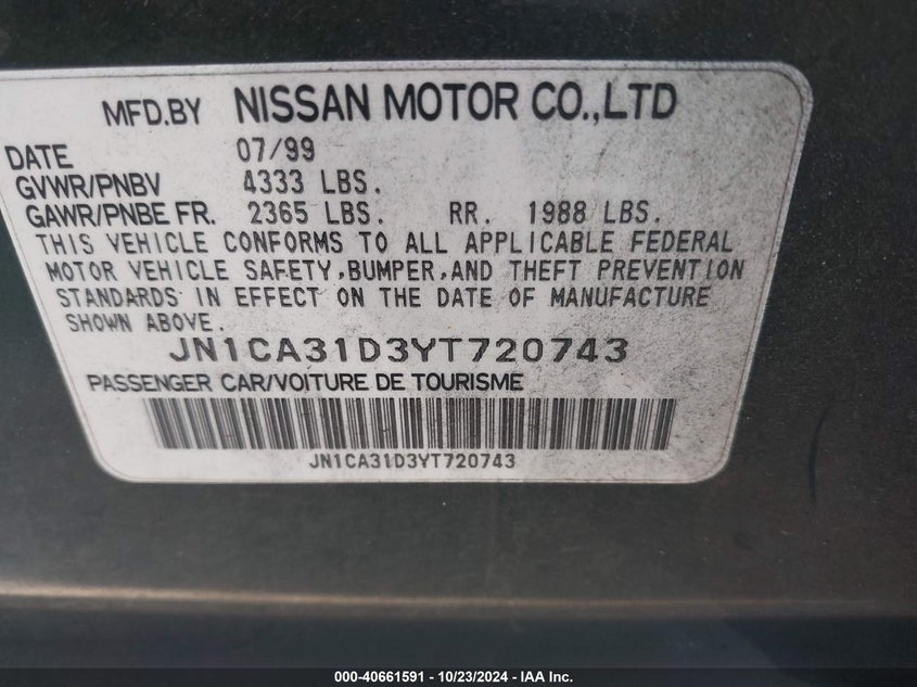 2000 Nissan Maxima Gle/Gxe/Se VIN: JN1CA31D3YT720743 Lot: 40661591