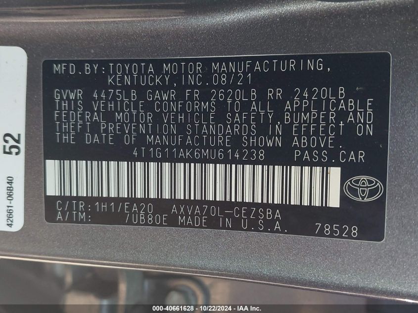 2021 Toyota Camry Se VIN: 4T1G11AK6MU614238 Lot: 40661628