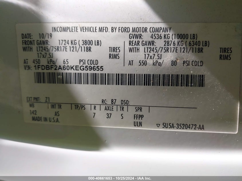 2019 Ford F-250 Xl VIN: 1FDBF2A60KEG59655 Lot: 40661653