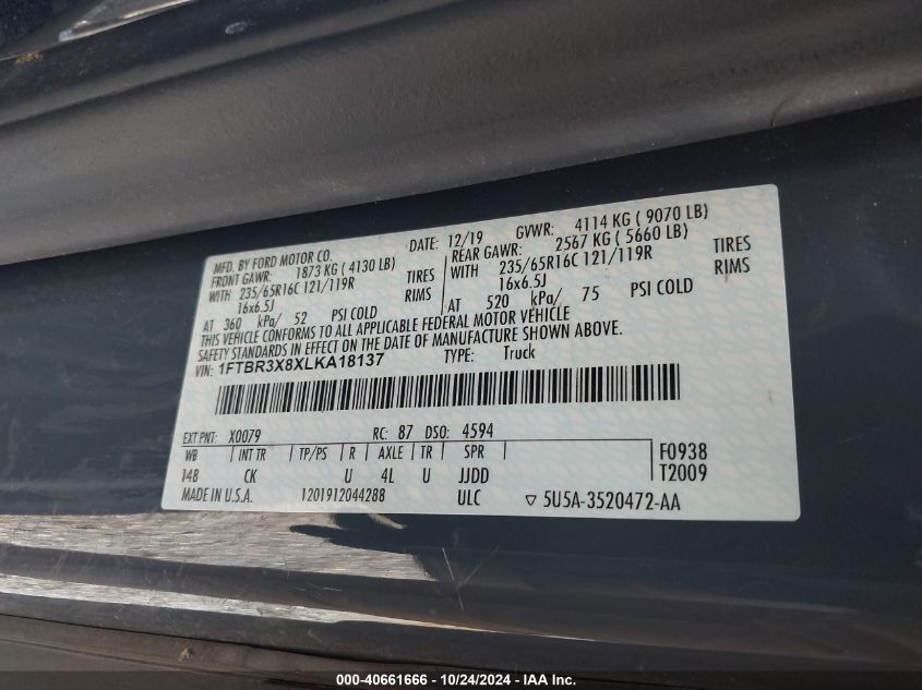 2020 Ford Transit-250 Cargo Van VIN: 1FTBR3X8XLKA18137 Lot: 40661666