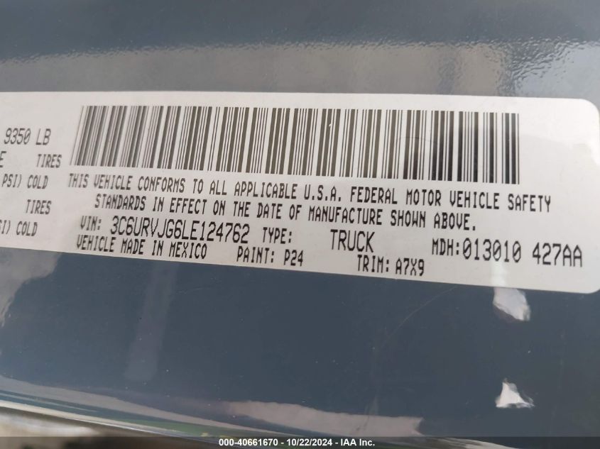 2020 Ram Promaster 3500 Cargo Van High Roof 159 Wb Ext VIN: 3C6URVJG6LE124762 Lot: 40661670