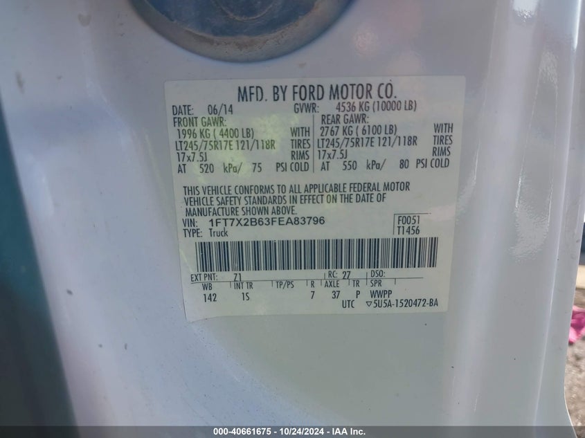 2015 Ford F-250 Xl VIN: 1FT7X2B63FEA83796 Lot: 40661675