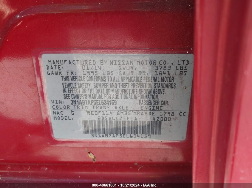 2014 Nissan Sentra S VIN: 3N1AB7AP5EL634159 Lot: 40661681