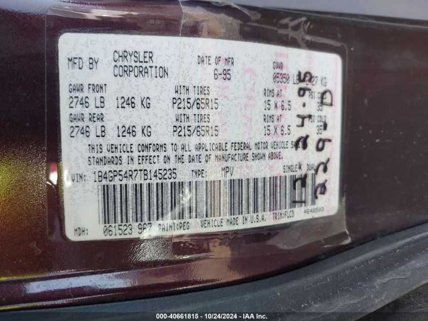 1996 Dodge Grand Caravan Le/Es VIN: 1B4GP54R7TB145235 Lot: 40661815