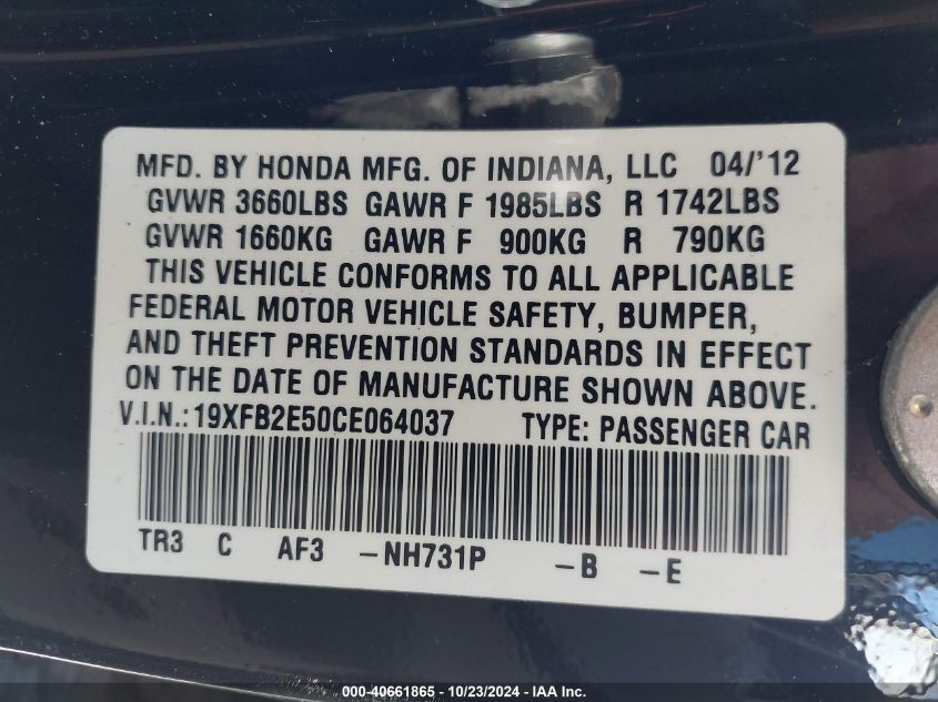 2012 Honda Civic Lx VIN: 19XFB2E50CE064037 Lot: 40661865