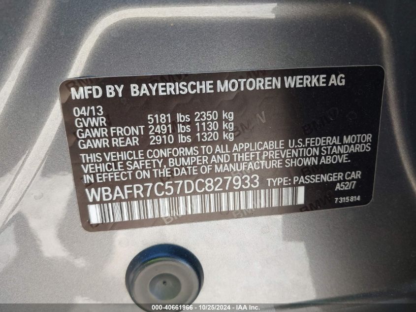 2013 BMW 535I VIN: WBAFR7C57DC827933 Lot: 40661966