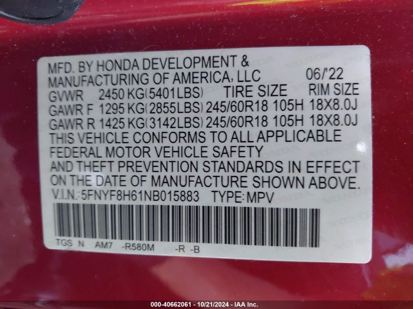 2022 Honda Passport Awd Trailsport VIN: 5FNYF8H61NB015883 Lot: 40662061