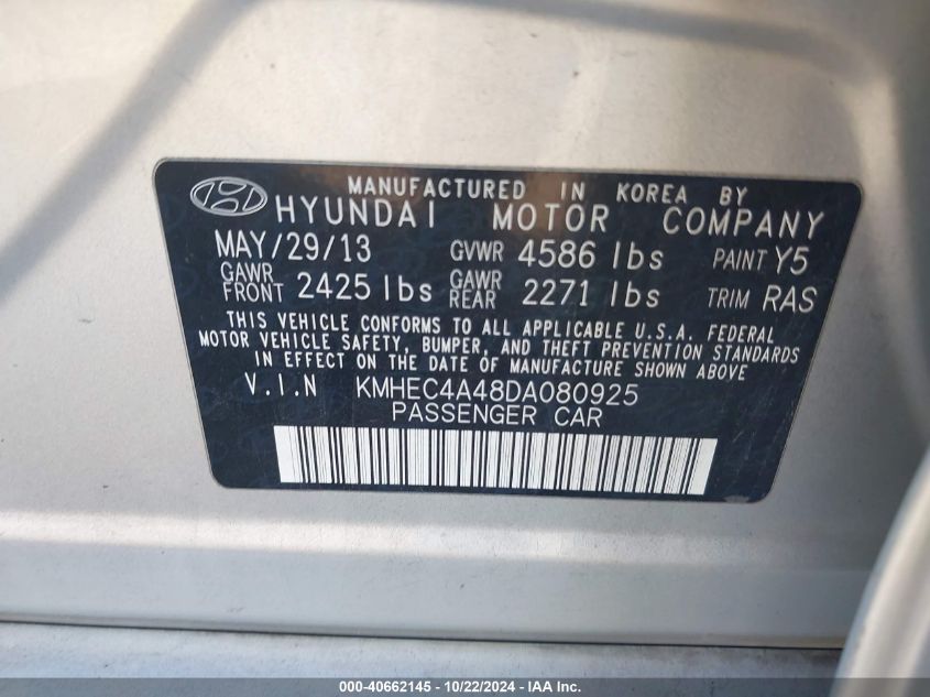 2013 HYUNDAI SONATA HYBRID LIMITED - KMHEC4A48DA080925