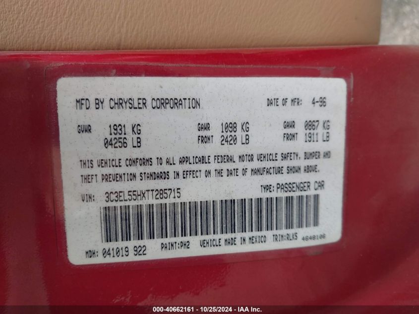 1996 Chrysler Sebring Jxi VIN: 3C3EL55HXTT285715 Lot: 40662161