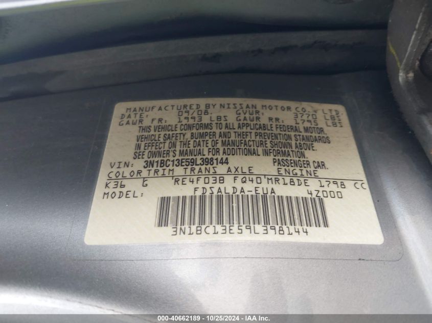 2009 Nissan Versa 1.8S VIN: 3N1BC13E59L398144 Lot: 40662189