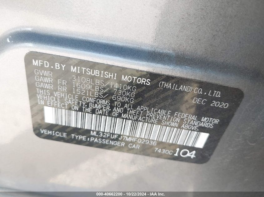 2021 Mitsubishi Mirage G4 Carbonite Edition/Es/Le VIN: ML32FUFJ7MHF02936 Lot: 40662200