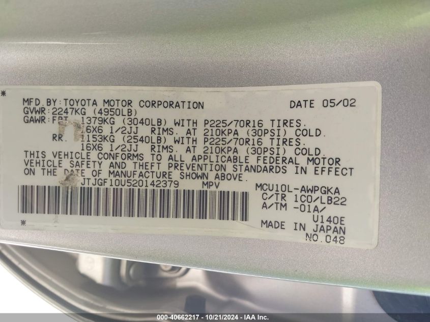 2002 Lexus Rx 300 VIN: JTJGF10U520142379 Lot: 40662217