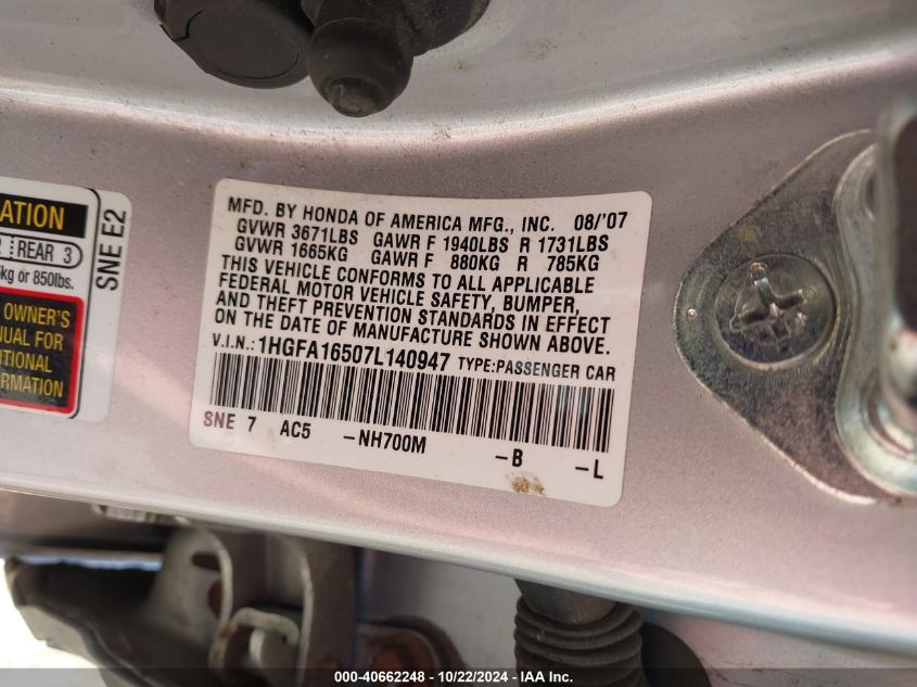 2007 Honda Civic Lx VIN: 1HGFA16507L140947 Lot: 40662248