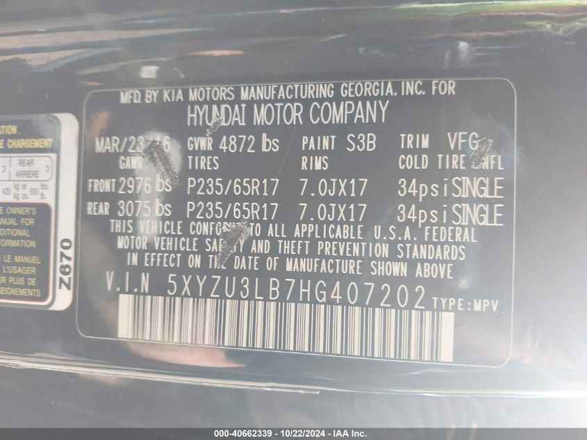 VIN 5XYZU3LB7HG407202 2017 HYUNDAI SANTA FE SPORT 2.4L