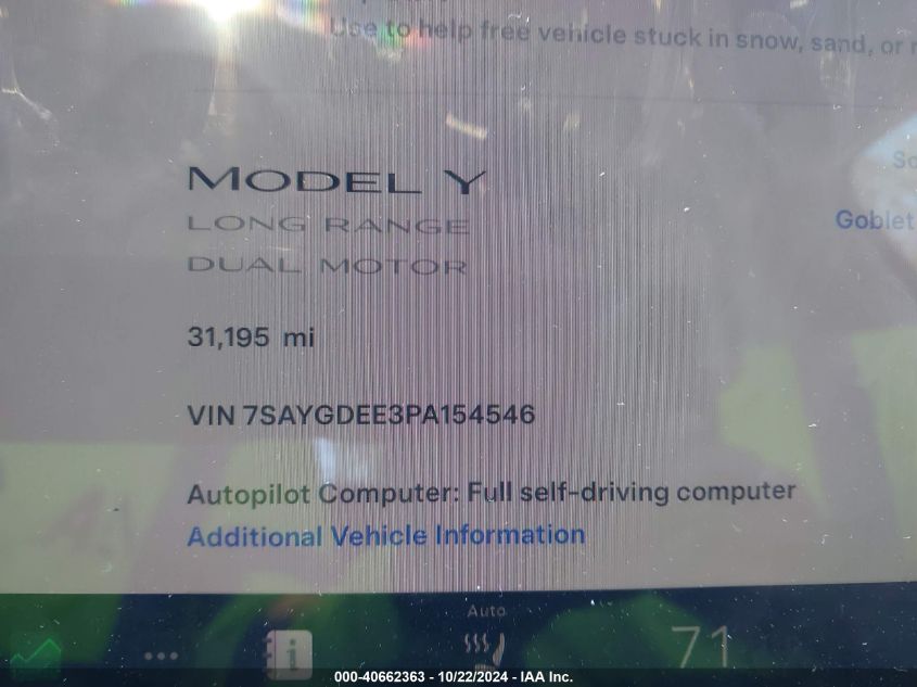 2023 Tesla Model Y Awd/Long Range Dual Motor All-Wheel Drive VIN: 7SAYGDEE3PA154546 Lot: 40662363