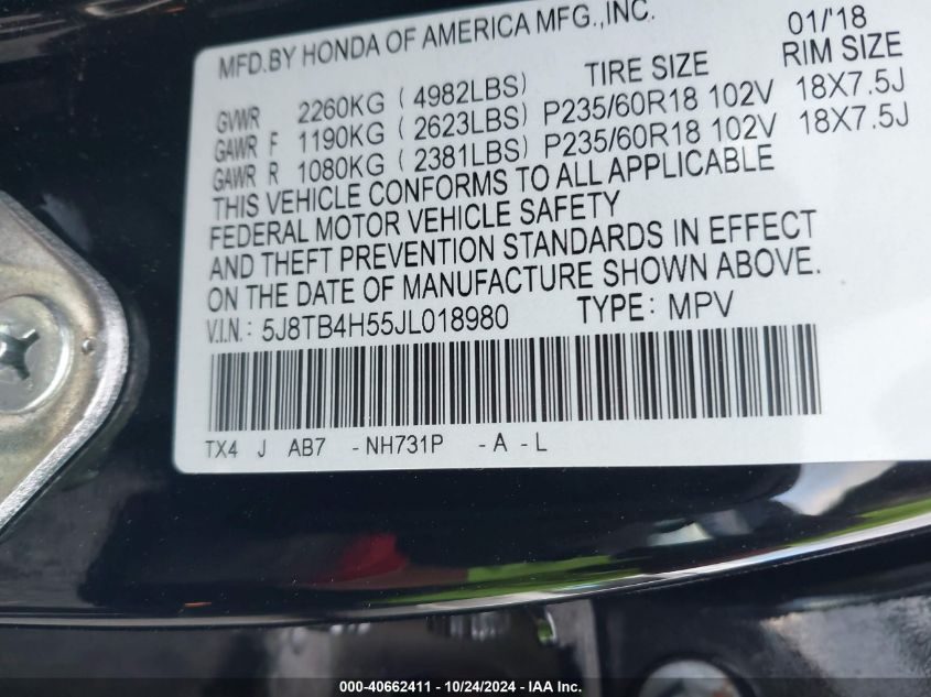 2018 Acura Rdx Technology Acurawatch Plus Packages/Technology Package VIN: 5J8TB4H55JL018980 Lot: 40662411