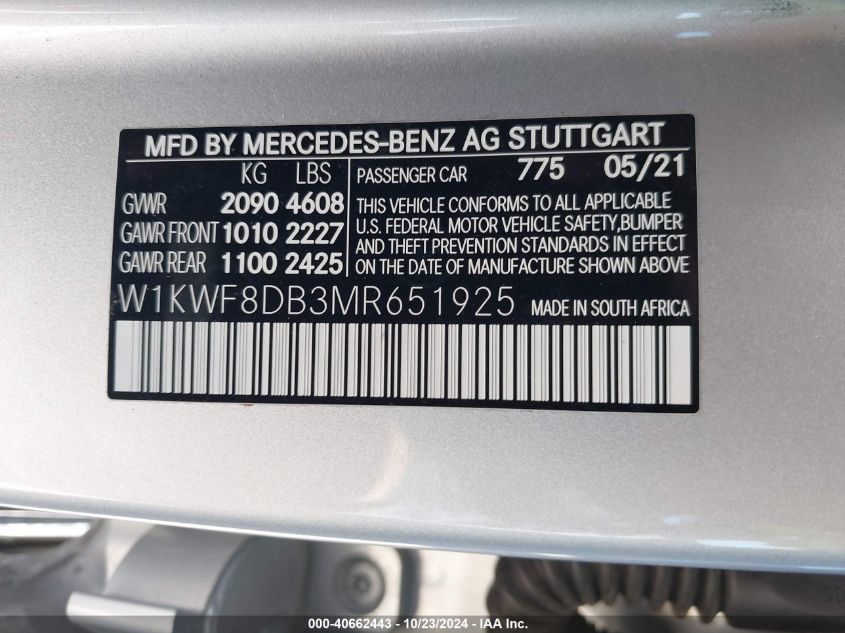 2021 Mercedes-Benz C 300 Sedan VIN: W1KWF8DB3MR651925 Lot: 40662443