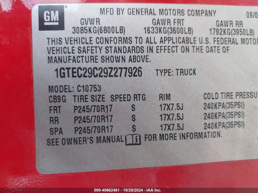 2009 GMC Sierra 1500 Sle VIN: 1GTEC29C29Z277926 Lot: 42676304