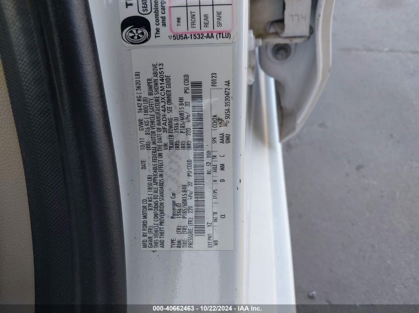 2012 Ford Fiesta S VIN: 3FADP4AJXCM140513 Lot: 40662463