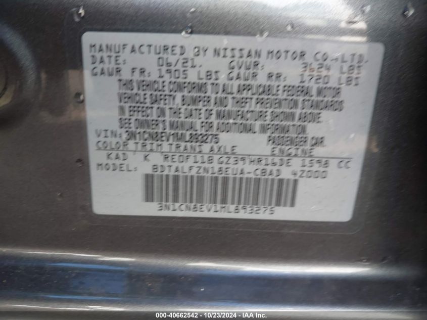 VIN 3N1CN8EV1ML893275 2021 Nissan Versa, Sv Xtronic... no.9