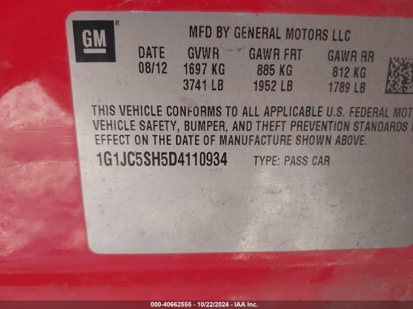 2013 Chevrolet Sonic Lt Auto VIN: 1G1JC5SH5D4110934 Lot: 40662555