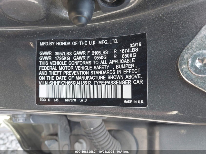 2019 HONDA CIVIC VIN: SHHFK7H65KU418613