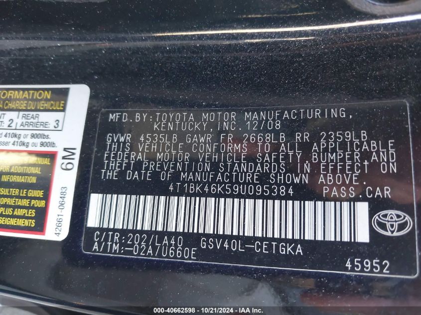 2009 Toyota Camry Xle V6 VIN: 4T1BK46K59U095384 Lot: 40662598