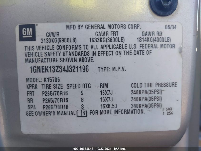 2004 Chevrolet Tahoe Ls VIN: 1GNEK13Z34J321196 Lot: 40662643