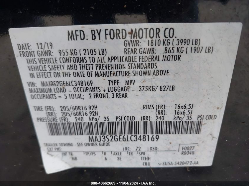 2020 Ford Ecosport Se VIN: MAJ3S2GE6LC348169 Lot: 40662669