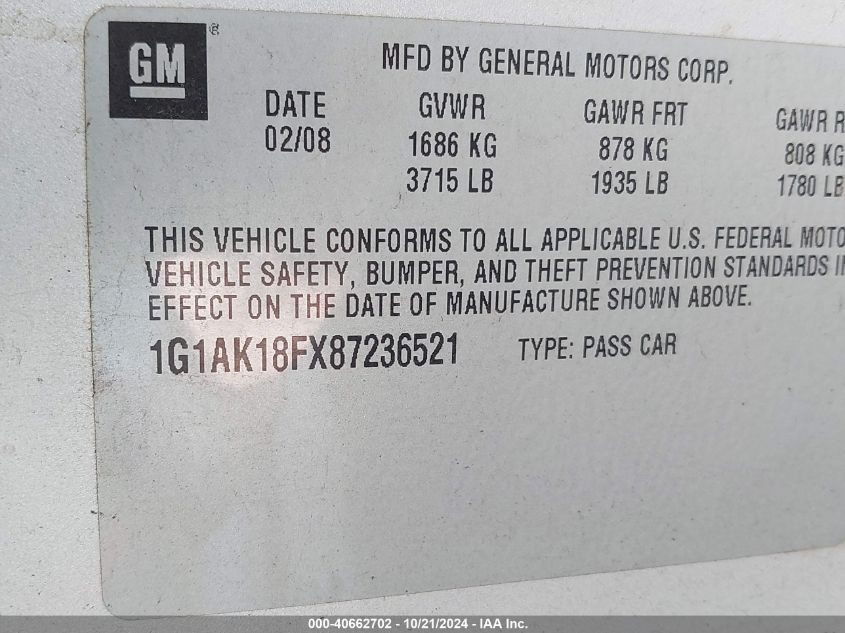 2008 Chevrolet Cobalt Ls VIN: 1G1AK18FX87236521 Lot: 40662702