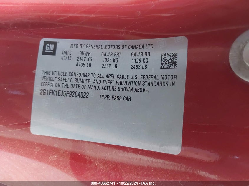 2015 CHEVROLET CAMARO VIN: 2G1FK1EJ5F9204022