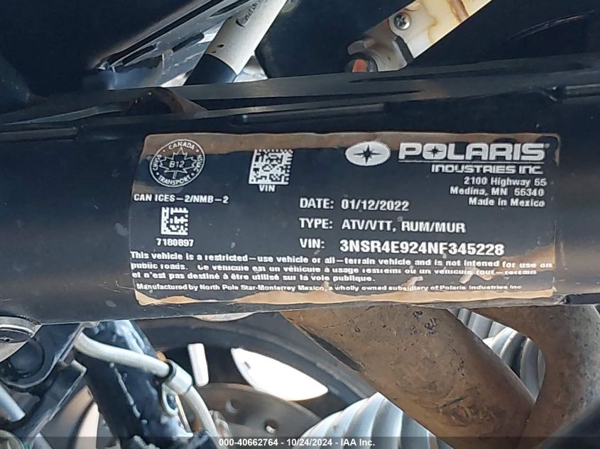 2022 Polaris Rzr Pro Xp 4 Sport VIN: 3NSR4E924NF345228 Lot: 40662764