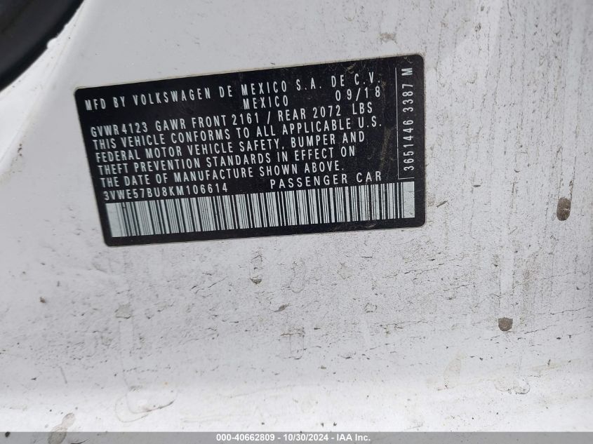 2019 Volkswagen Jetta 1.4T Sel VIN: 3VWE57BU8KM106614 Lot: 40662809