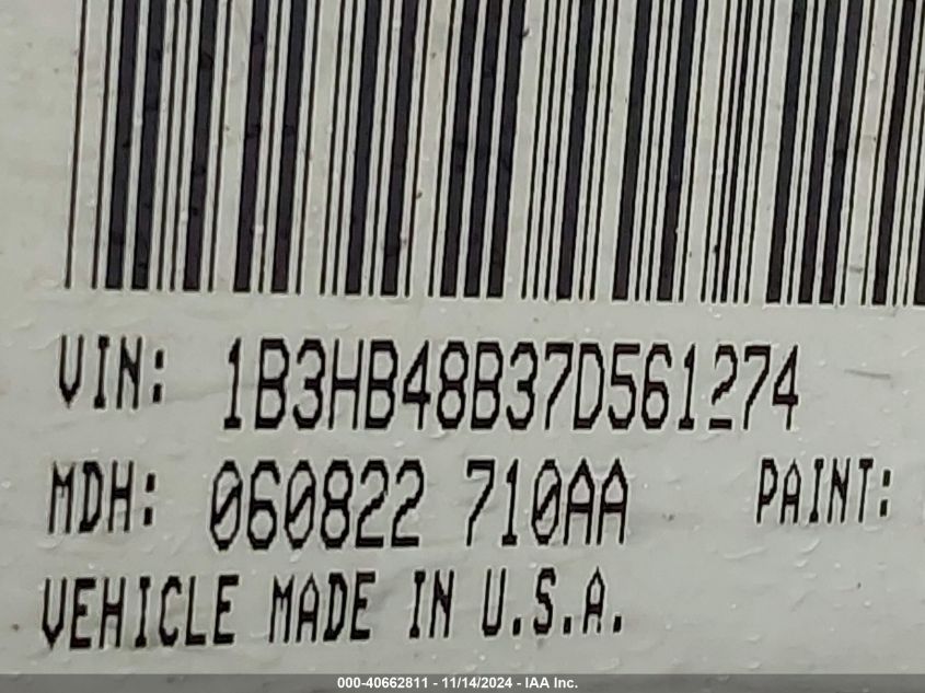 2007 Dodge Caliber Sxt VIN: 1B3HB48B37D561274 Lot: 40662811