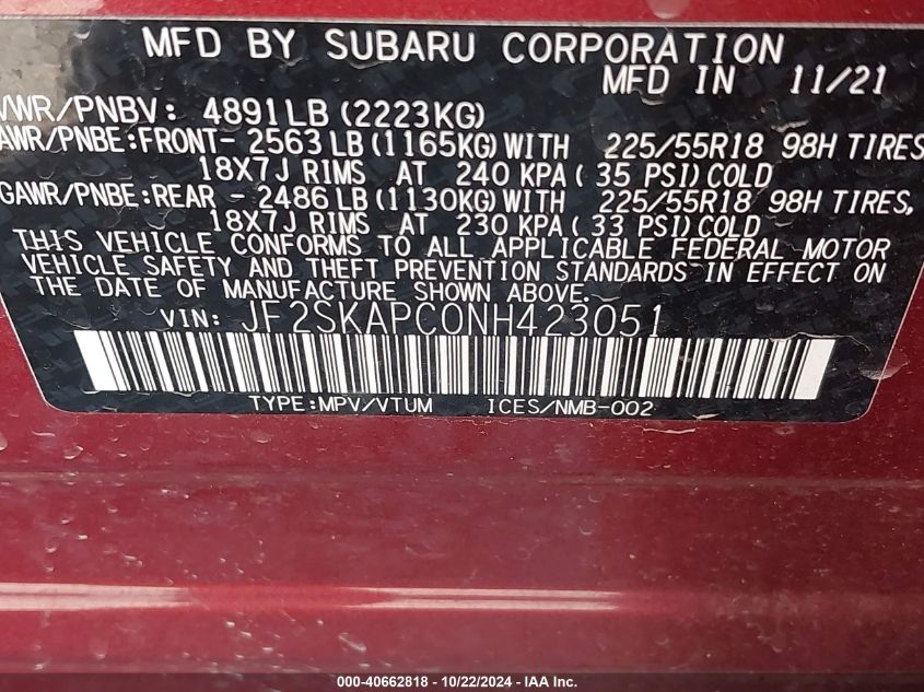 VIN JF2SKAPC0NH423051 2022 Subaru Forester, Limited no.9